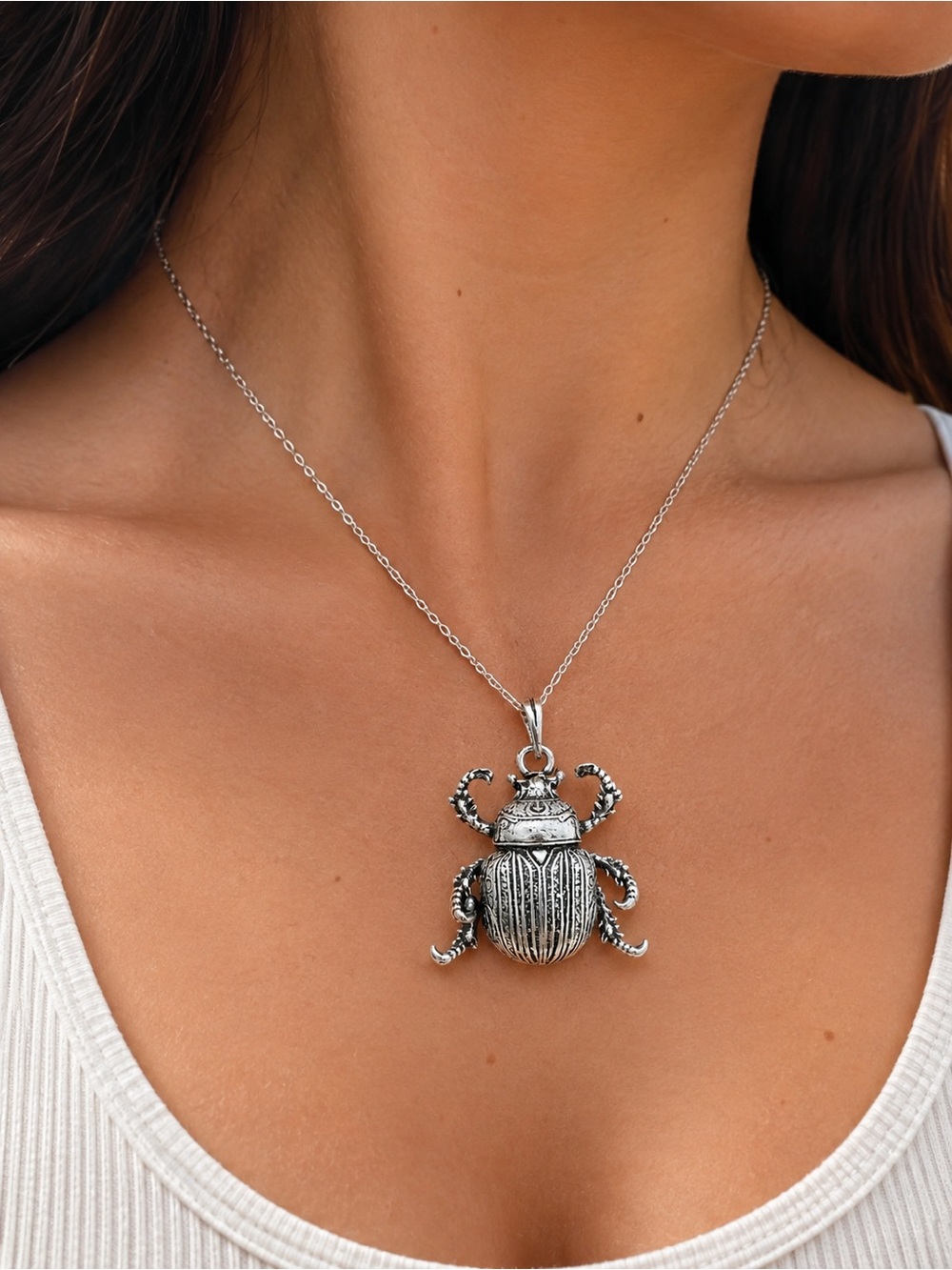 Sterling Silver Scarab Beetle Pendant Necklace - Women Jewelry